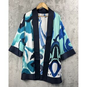 Chicos Travelers Blue Green Scroll‎ Print Kimono Open Jacket Small Medium Satin